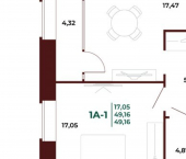 1-комн, 49 кв м, этаж 8/17 пр-кт Строителей, 21А 1